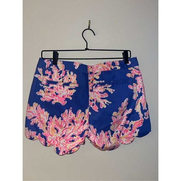Lilly Pulitzer Buttercup Shorts Blue Hot pink coral reef 5” inseam 2 scallop - Picture 2 of 3